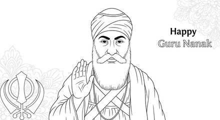 Line art illustration of guru nanak dev ji with khanda symbol isolated on transparent background