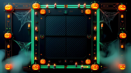 Cyberpunk Halloween interface frame with glowing jack-o’-lanterns, candles, neon lights, and digital sci-fi UI elements on dark background with spider webs and fog, for spooky futuristic design