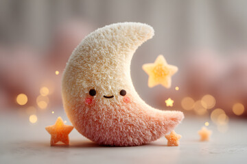 Cute Crescent Moon Plush Surrounded by Sparkling Stars