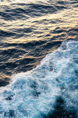 Sea water splash with foamy wave. Water surface texture. Tropical islands ferry travel. Cruiseliner trail. Ocean background. White water of sea. Marine travel banner template. Seaside vacation concept