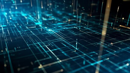 Abstract digital grid with lines and dots cool blue and black - Powered by Adobe