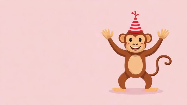 Cute Cartoon Birthday Monkey Dancing on a Pink Background 