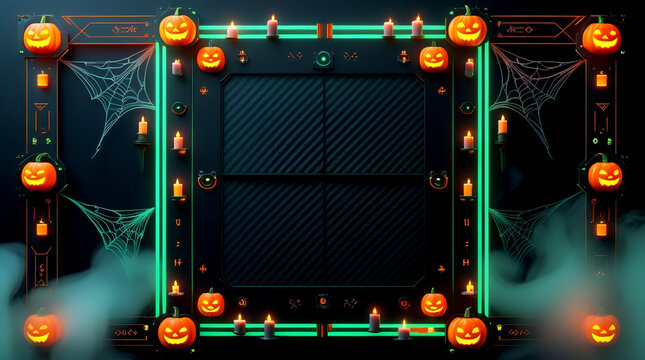 Cyberpunk Halloween interface frame with glowing jack-o’-lanterns, candles, neon lights, and digital sci-fi UI elements on dark background with spider webs and fog,  for spooky futuristic design