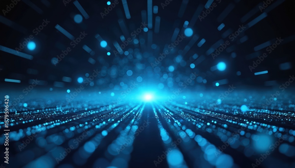 Poster abstract digital background with blue glowing particles. represents data privacy, cybersecurity, tec