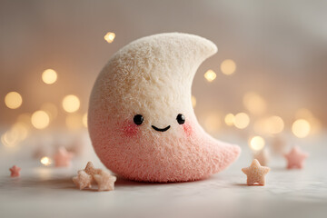 Crescent Moon Plush Toy with Smiling Face and Bokeh Lights