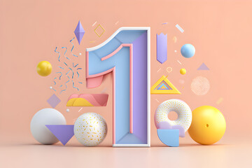 Colorful Number One with Geometric Shapes and Confetti