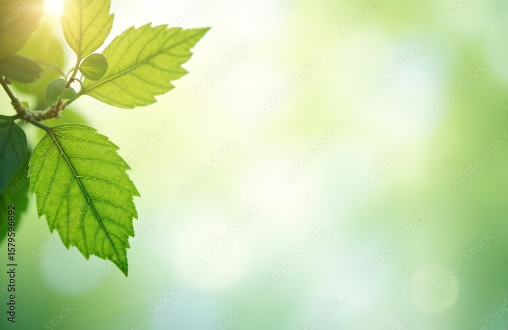 Poster macro shot of vibrant green leaf with visible veins, backlit by soft sunlight. blurred lush greenery