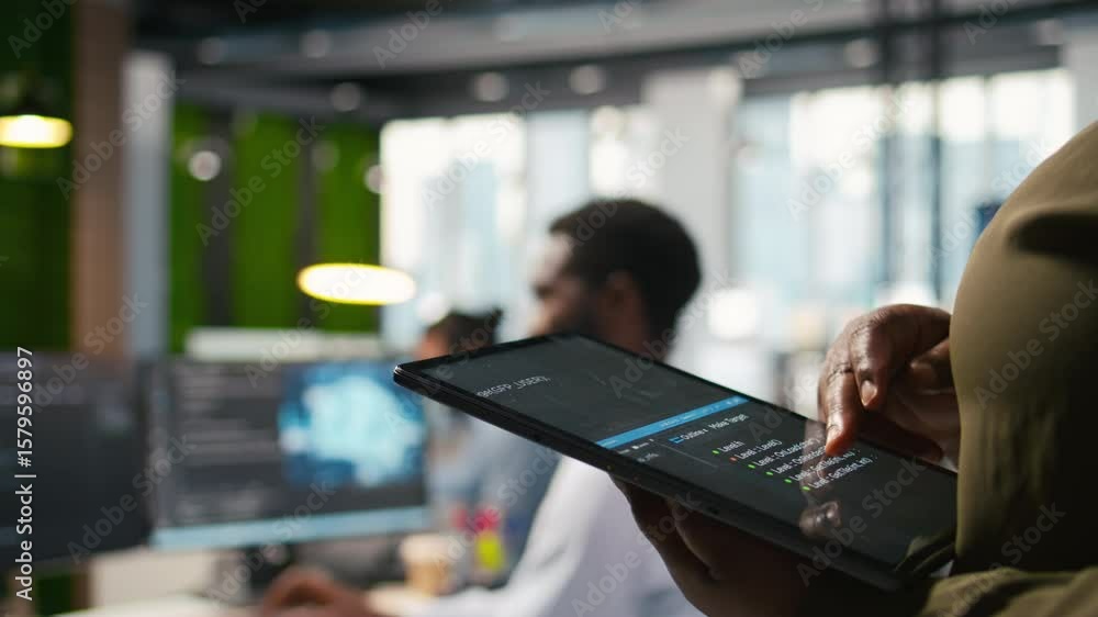 Poster close up of programmer utilizing ai on tablet to optimize performance and forecast issues. system ad