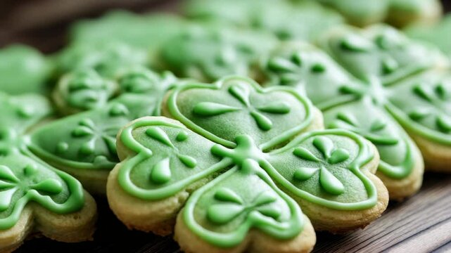 A row of green cookies with a green leaf on top. The cookies are decorated with green icing