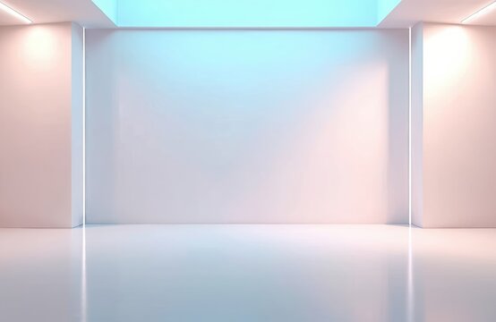 Virtual news studio background with clean white walls, smooth reflective floor. Soft lighting in blue and pink hues. LED strip lights frame the central area, suggesting a modern broadcasting set.