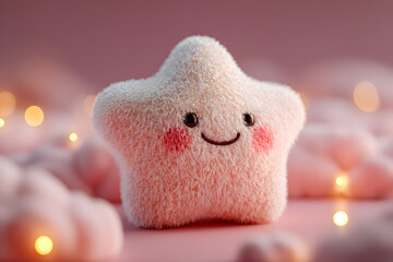 Fluffy Pink Star Plush in Dreamy Cloud Scene