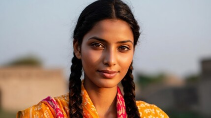 Portrait of a young indian woman with long dark hair styled in two braids. she is wearing a traditional indian outfit with a yellow and pink saree draped over her shoulders.
