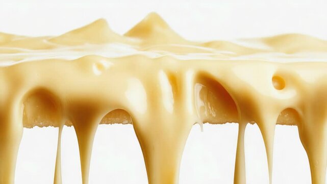 A white plate with a yellow substance dripping from it. The substance is a type of cheese