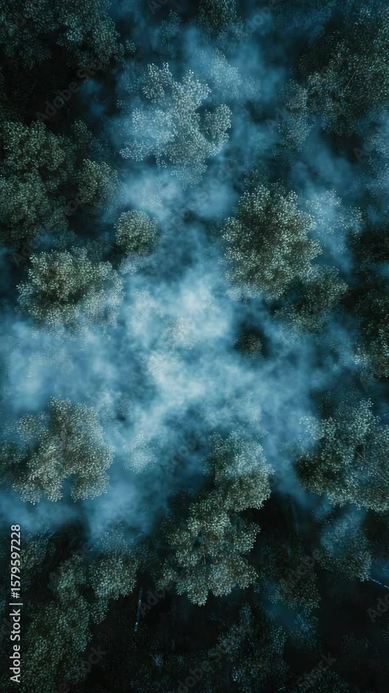 Poster a forest with trees and a blue sky. the sky is cloudy and the trees are green. the trees are spread 