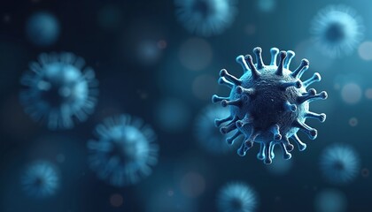 Microscopic view of virus particles in blue tones. Detailed 3D render shows viral structures with spikes on dark abstract background. Scientific illustration for medicine, health, disease, pandemic,