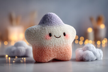 Cute Plush Star with Purple and Peach Gradient and Clouds