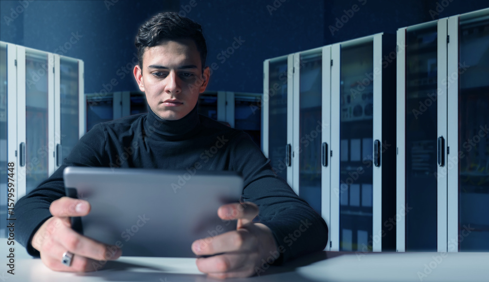 Poster it specialist using tablet in server room, monitoring network systems and performing diagnostics. in