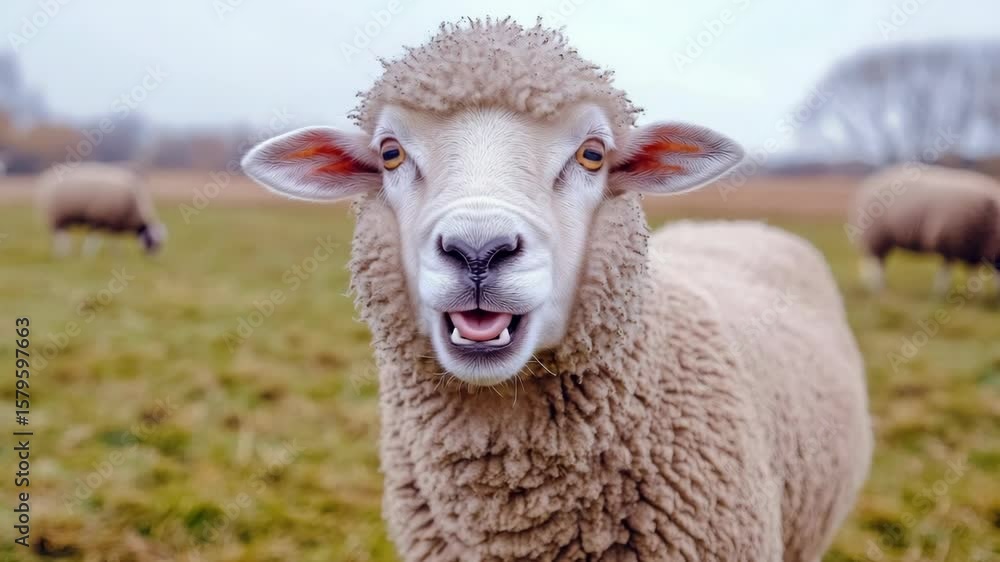 Poster a sheep is standing in a field and sticking its tongue out. there are other sheep in the background