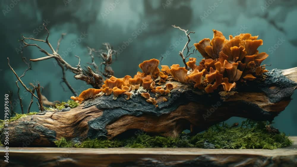 Poster a log with mushrooms growing on it. the mushrooms are orange and black. the log is on a table
