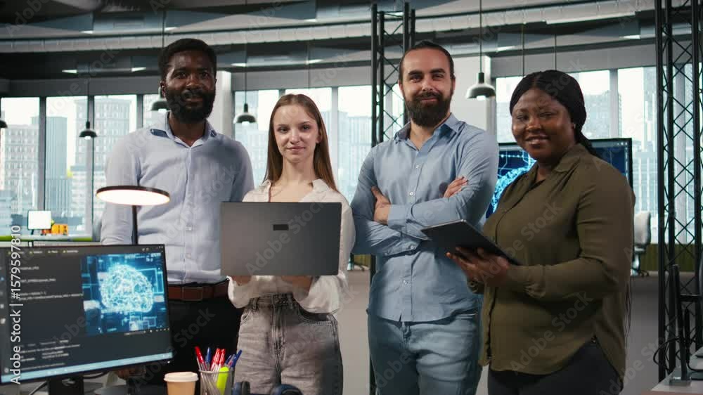 Fototapete portrait of happy teamworking engineers writing code, developing machine learning apis. team of smil