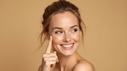 Beauty portrait of a happy young woman with perfect skin touching her face. Skincare and wellness concept.
