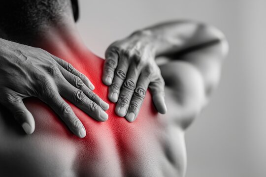 Man holding upper back with both hands, red highlighted area indicating muscle pain or inflammation, symbolizing injury or physical strain