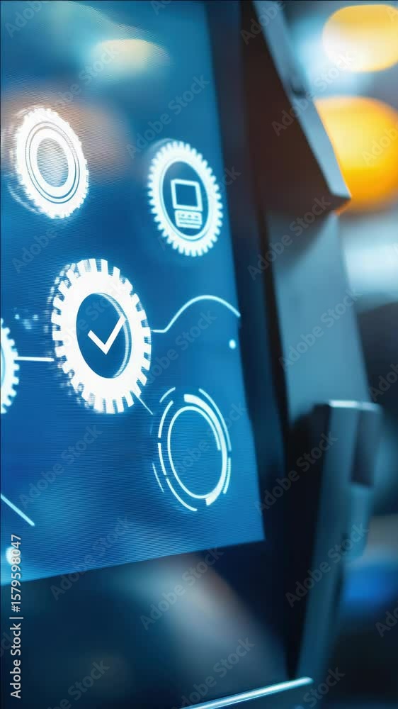 Poster a person is pointing at a blue screen with a gear on it. the screen is on a computer