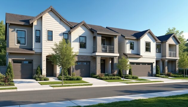 Modern townhouses lining sunny suburban street. New construction homes feature grey, white exteriors, integrated garages, manicured landscaping. Offers glimpse into residential architecture,