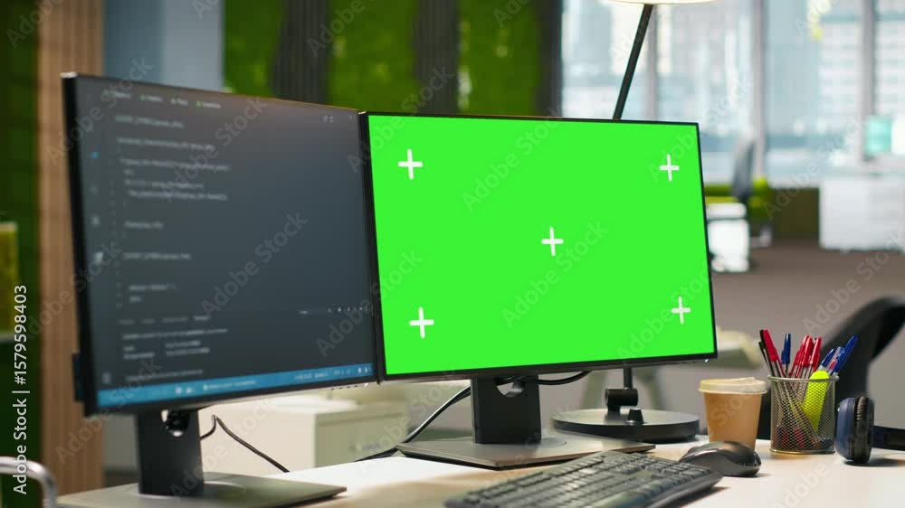 Fototapete green screen computer display in modern startup office displaying code snippets in various programmi