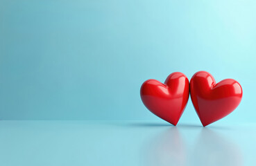 Two shiny red hearts intertwined on smooth blue background. Illustration love, connection, partnership, perfect for romance, Valentine Day, themes of devotion, affection. Offers warmth, tenderness in