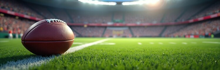 American football rests on sideline of vibrant green field, illuminated by stadium spotlights. Blurred background shows packed spectator stands, hinting at intense competition championship game night.