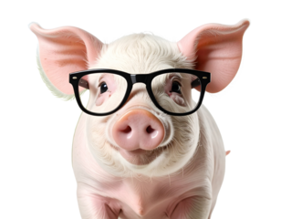 The piggy is white in color and wearing black-framed eyeglasses