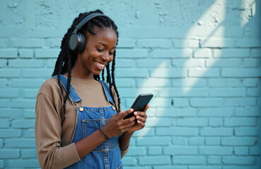 Young Black woman with headphones, smiling texting on smartphone against blue brick wall. Wears denim overalls, brown long-sleeve shirt, embodying youth, connection, modern digital lifestyle.