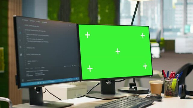 Green screen computer display in modern startup office displaying code snippets in various programming languages used for software development. Chroma key PC in empty software agency workplace