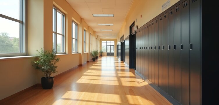 Long school corridor with black lockers on cream wall, shiny wooden floor. Sunlight streams through large windows, casting striped shadows on path. Modern architecture, clean lines, inviting