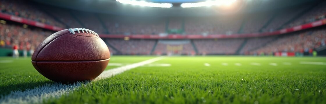 American football rests on sideline of vibrant green field, illuminated by stadium spotlights. Blurred background shows packed spectator stands, hinting at intense competition championship game night. - Powered by Adobe