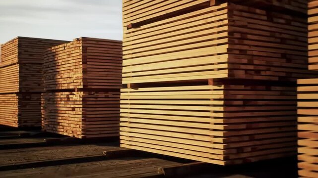 Stacks of Lumber in Warm Sunlight, Ready for Construction and Building Projects