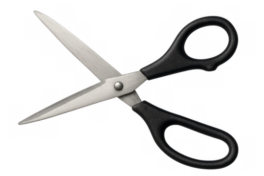 Open pair of scissors with black handles isolated on a transparent background, ready for cutting and crafting