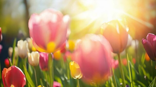 Tulip Garden in Sunlight: A vibrant display of tulips in full bloom basks in the warm glow of the sun, a celebration of spring's arrival.