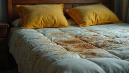 Close-up view of stained mattress with two yellow pillows on wooden bed frame. Bedding shows significant dirt, discoloration, indicating need for cleaning replacement. Image highlights issues of