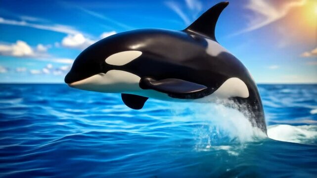 An orca leaps from ocean water with a blue sky and sun