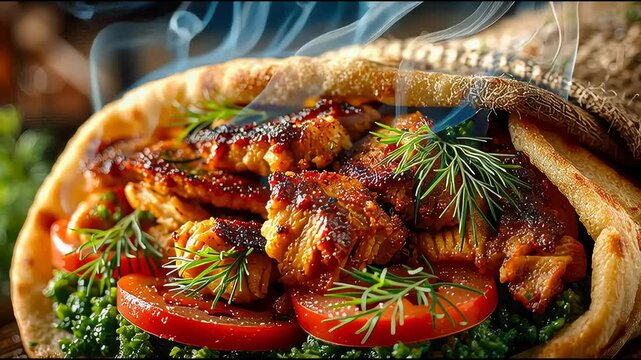 Juicy grilled shawarma wrap with herbs and vegetables on rustic wooden surface, steaming hot and freshly served
