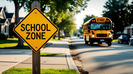 School zone warning sign with yellow school bus arriving on a sunny suburban street, representing back to school season, student commute, and the start of a new academic year