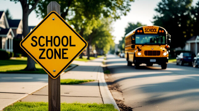 School zone warning sign with yellow school bus arriving on a sunny suburban street, representing back to school season, student commute, and the start of a new academic year