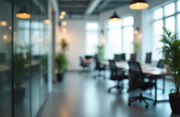 Modern office interior with blurred background. Features desks, chairs, plants. Natural light from large windows. Minimalist design promotes clean, professional atmosphere for remote work corporate