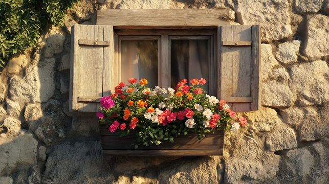 Mediterranean-style stone wall with an old rustic window, flower box filled with vibrant blooming flowers including pink bougainvillea, red and white geraniums, and orange marigolds, warm afternoon su - Powered by Adobe