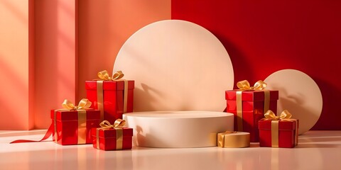 Christmas Gift Boxes with Golden Ribbons on Red Stage Podium Background