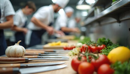 Busy culinary school kitchen featuring chef knives and fresh ingredients for a cooking class. Chefs in uniform prepare gourmet cuisine, focusing on skill and passion for gastronomy.
