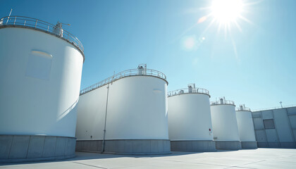 Aerial view of white hydrogen storage tanks at clean energy facility under bright blue sky. Modern industrial site for renewable energy production. Futuristic infrastructure for sustainable fuel