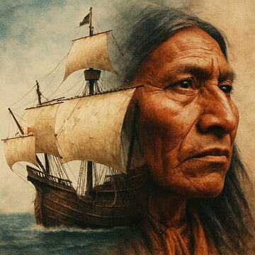 "Caravel from the year 1492 sailing at sea, superimposed in double exposure with the face of an American Indian, concept of the discovery of America, cultural contrast and encounter of civilizations